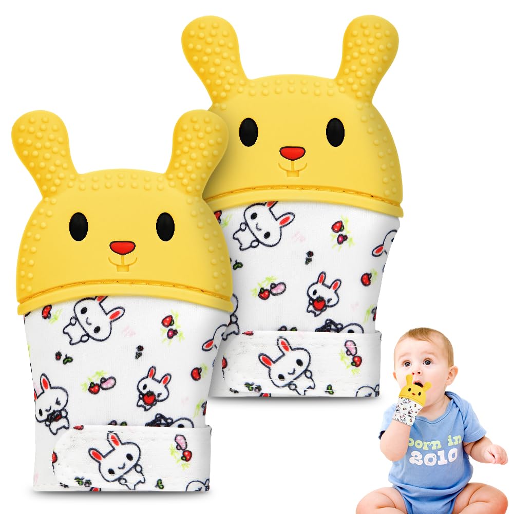 2Pack Silicone Teething Mitt, Rabbit Baby Teething Toy for 0-6 6-12 Months, Food Grade Silicone Infant Teething Mitten, BPA-Free Baby Chew Toys for