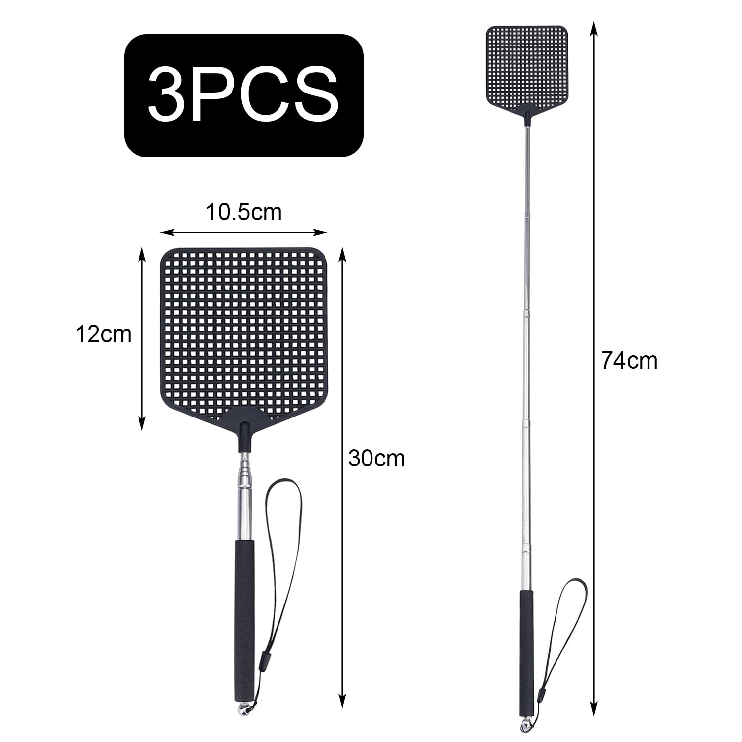 Paletta Mosche, 3 pezzi Paletta Scacciamosche Estensibile, Asta in Acciaio Inox, Allungabile Fino a 74 cm, Nero