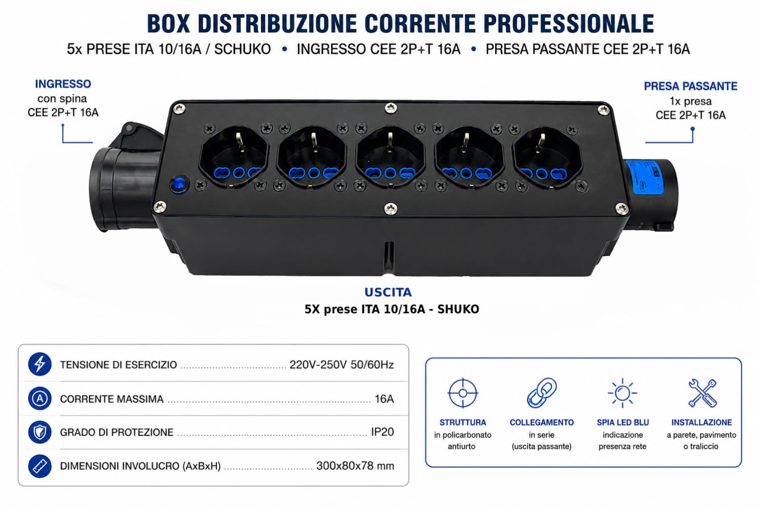 NLIGHTING Power Box CEE 16A Multipresa Palco 5 Prese Schuko 10/16A + Presa Passante CEE 16A, Box Distribuzione Corrente Professionale IP20 per Eventi, Teatro, DJ, Service Audio Luci