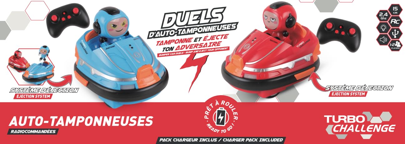 TURBO CHALLENGE - Zestaw 2 pojazdów - Stempel samochodowy - 092226 - Samochód zdalnie sterowany - Niebieski i czerwony - Gotowy do jazdy - Plastik - Zabawka dla dzieci - Prezenty - Urodziny - Od 5 lat