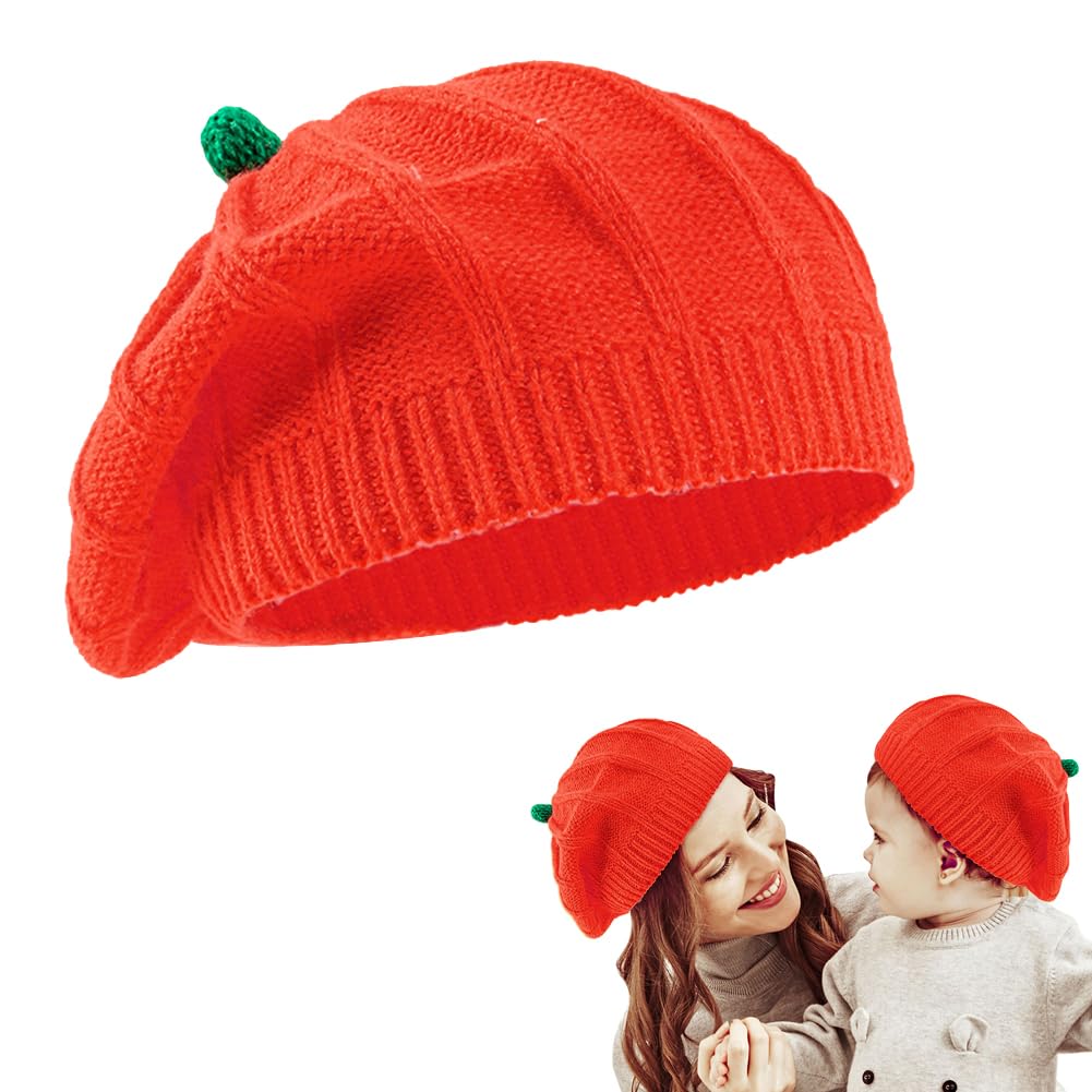 Beret Hat Pumpkin Knit Beanie Plush Toddlers Cute Winter Warm Cap for Baby Boy Girl Halloween Christmas Orange