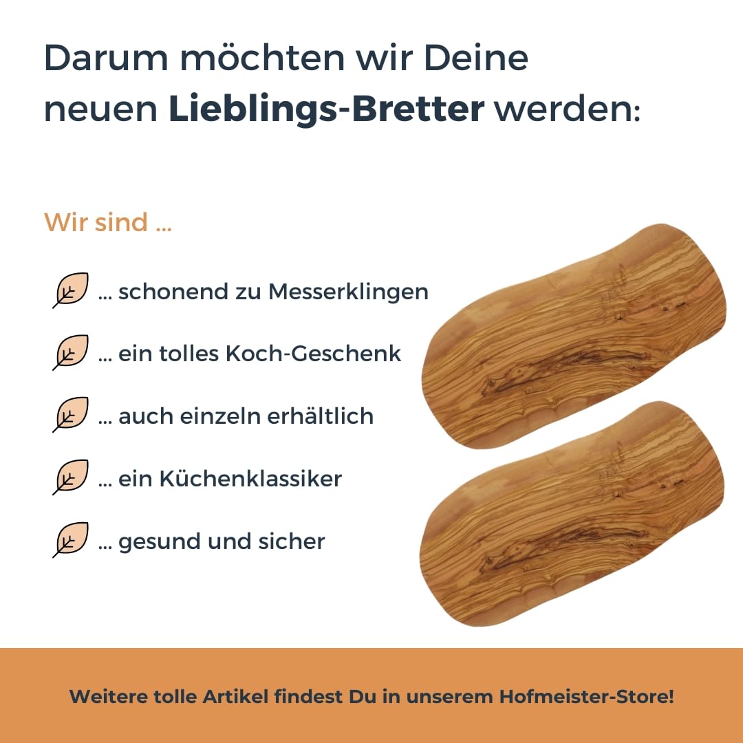 2x HOFMEISTER® Schneidebrett Olivenholz – Holzbrett mit Unikat-Maserung, klingenschonend und robust, Handarbeit – 50 x 22,5 x 1,5 cm