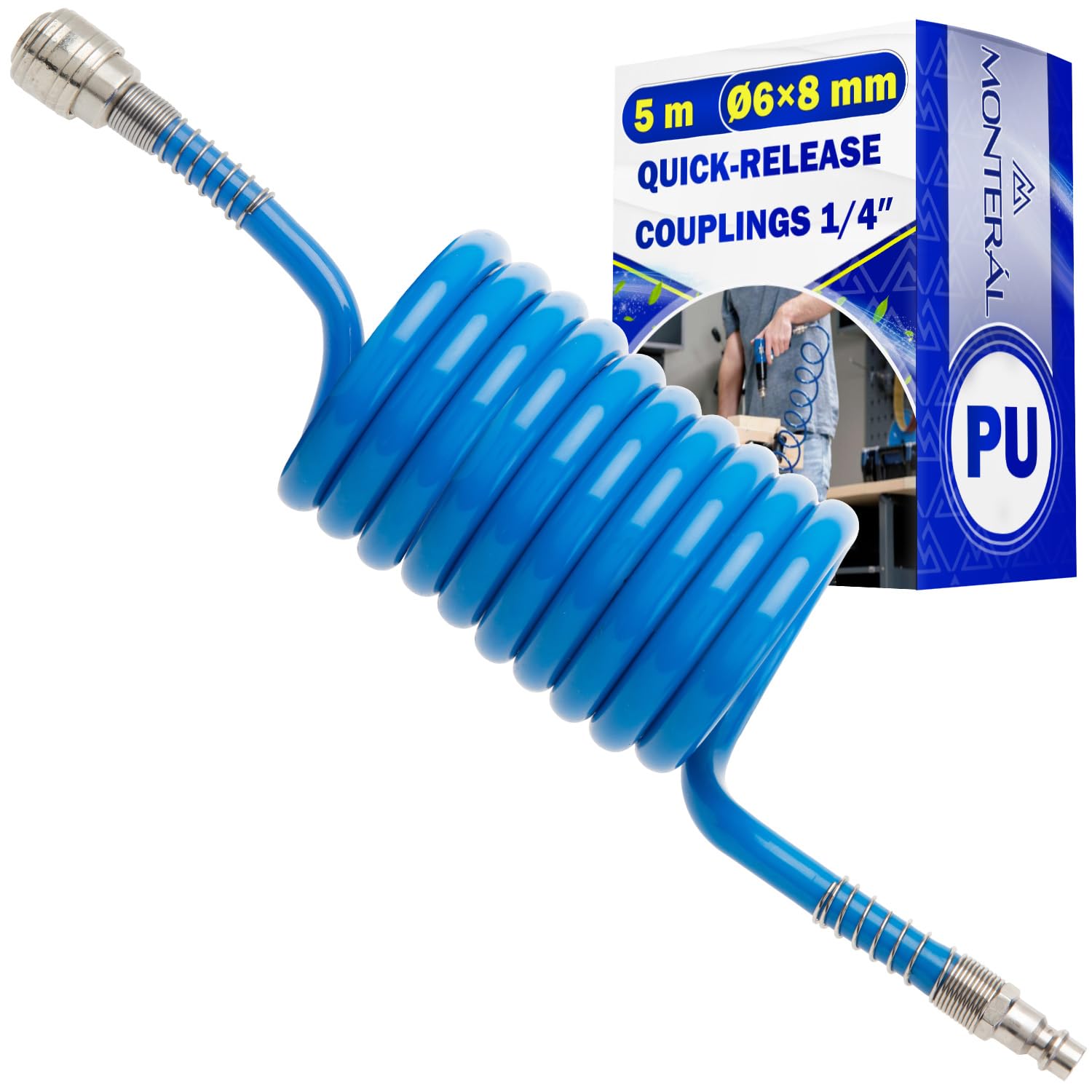 Manguera Compresor Aire 5 m Ø6x8 mm con Conectores Rápidos de 1/4″ - Manguera Aire Comprimido Espiral Fabricada en Poliuretano PU - Garantía de 10 Años - MONTERAL