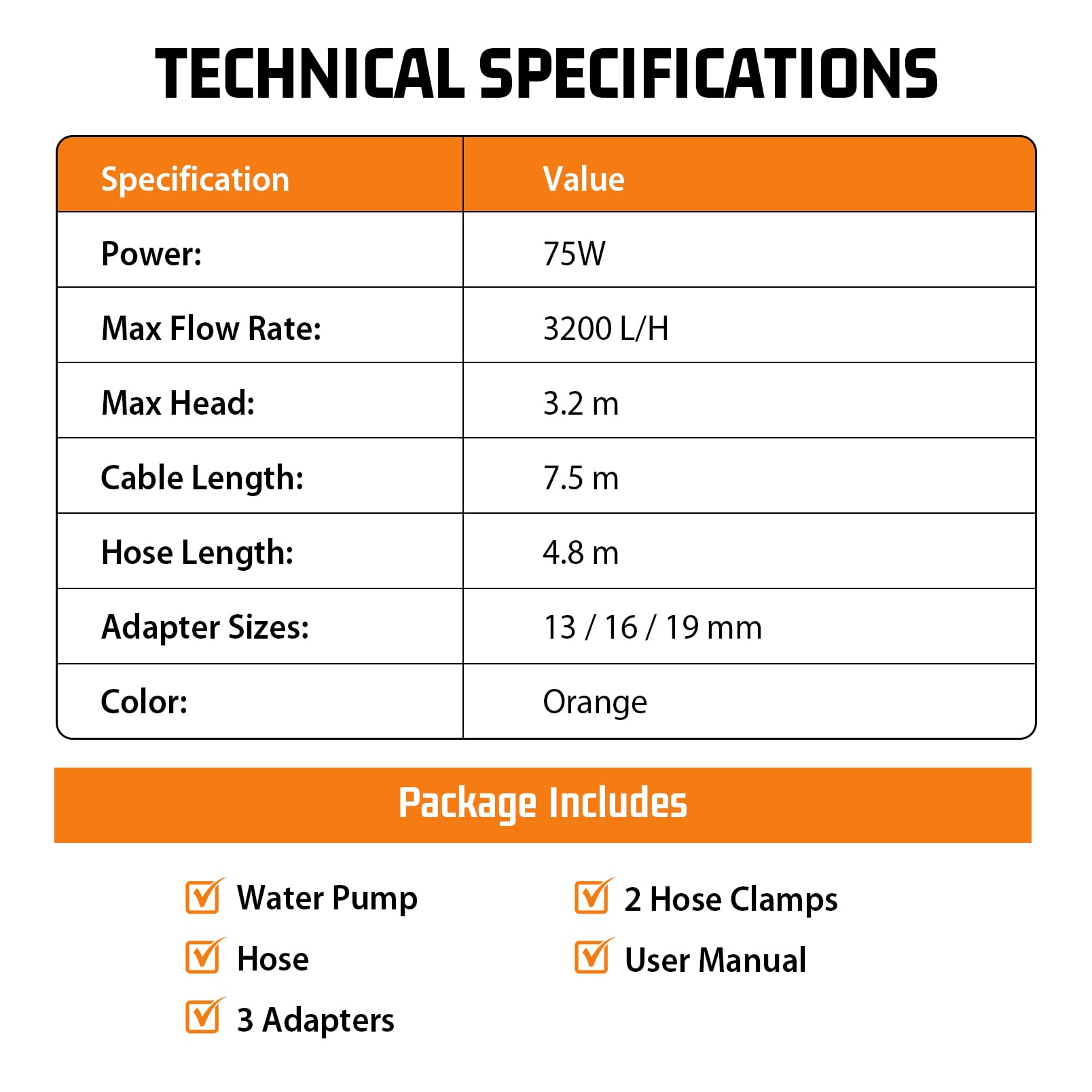 Pompa Sommersa per Acque Sporche 75W 3200 L/H con Tubo da 4,8 m | Pompa da Giardino con Cavo da 7,5 m, 3 Adattatori per Tubi (13/16/19 mm) e 2 Fascette, per Laghetti, Fontane, Piscine