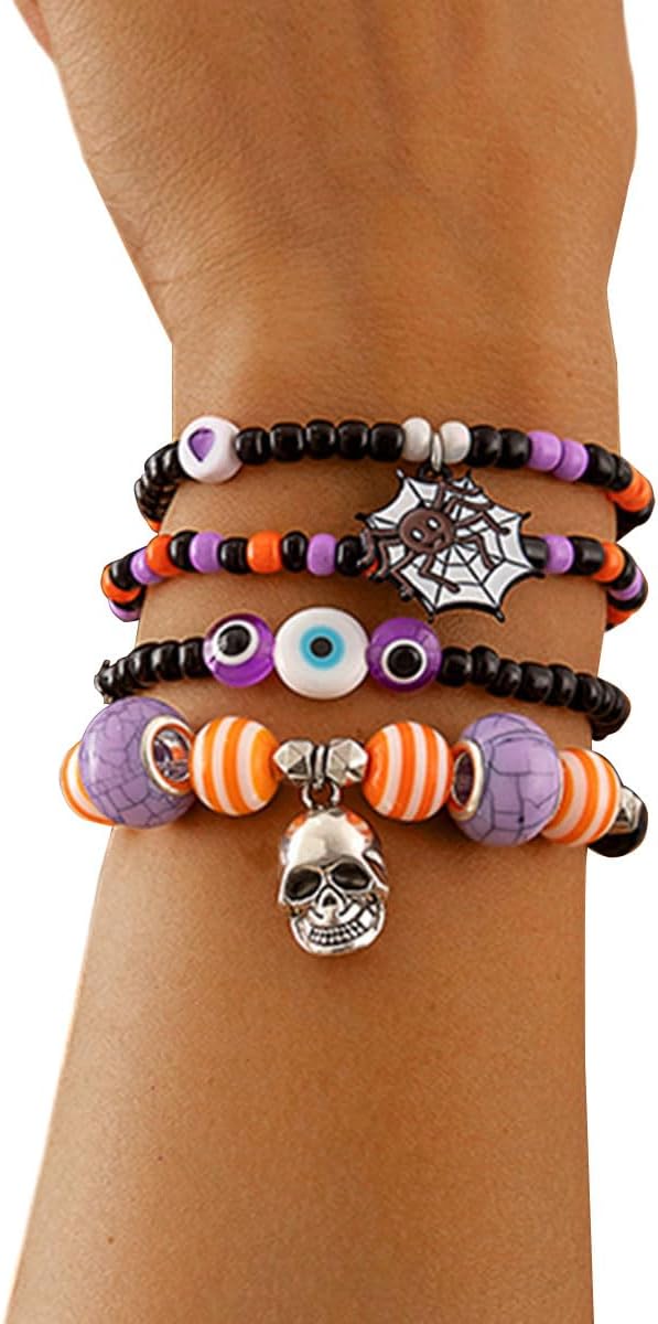 Letter Beads Bracelets for Women Pony Beads Friendship Bracelet,Bat Ghost Stack Bracelets Charms Fashion Accessories for Women Trendy Boo Halloween Decorations