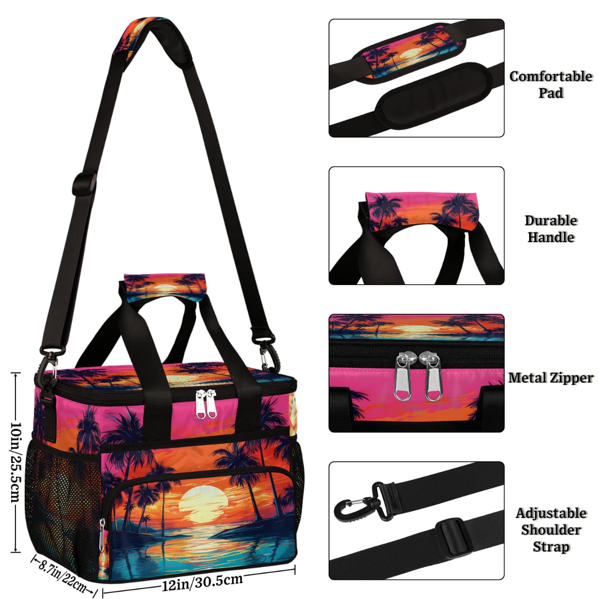 Seaside Coconut Palm Insulated Picnic Backpack Lunch Box for Women Men Picnic Basket Tote Lunch Bag Picnic Bag Portable Lunch Bags for Picnic, Beach, Work, Trip,Office, Camp Beach Sunset