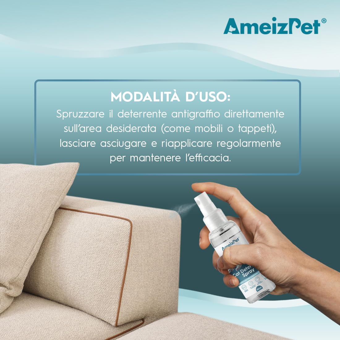 AmeizPet Spray Disabituante per Gatti, Repellente per Gatti, Smetti di Graffiare Mobili, Tappeti, Tende e Piante, Soluzione Sicura ed Efficace, Uso Interno & Esterno, 50 ml (1,69 FL oz)