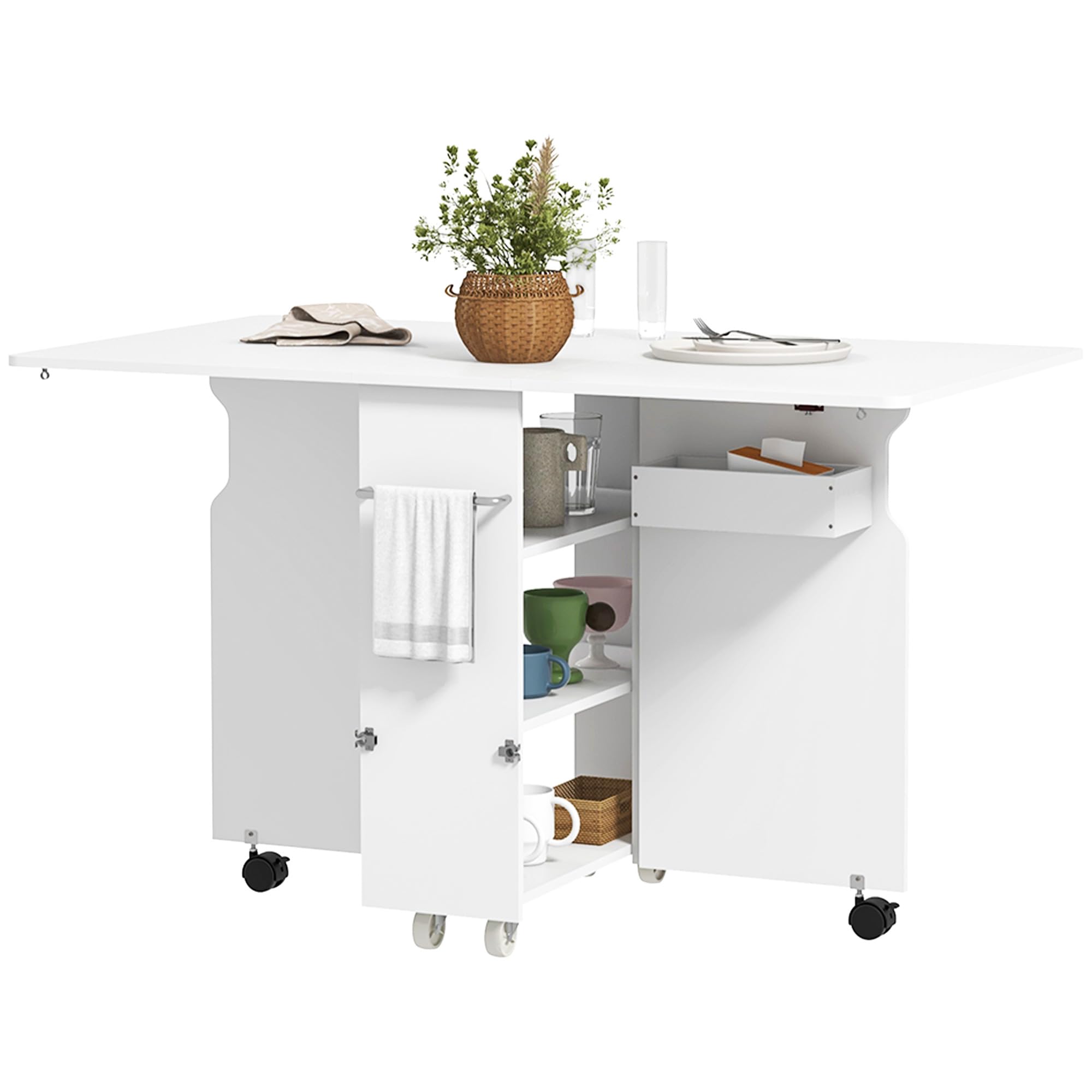HOMCOM Tavolo a Ribalta con Ripiani a 3 Livelli, Box Portaoggetti e Rotelle, Tavolo Pieghevole in MDF, 130x80x76.5 cm, Bianco