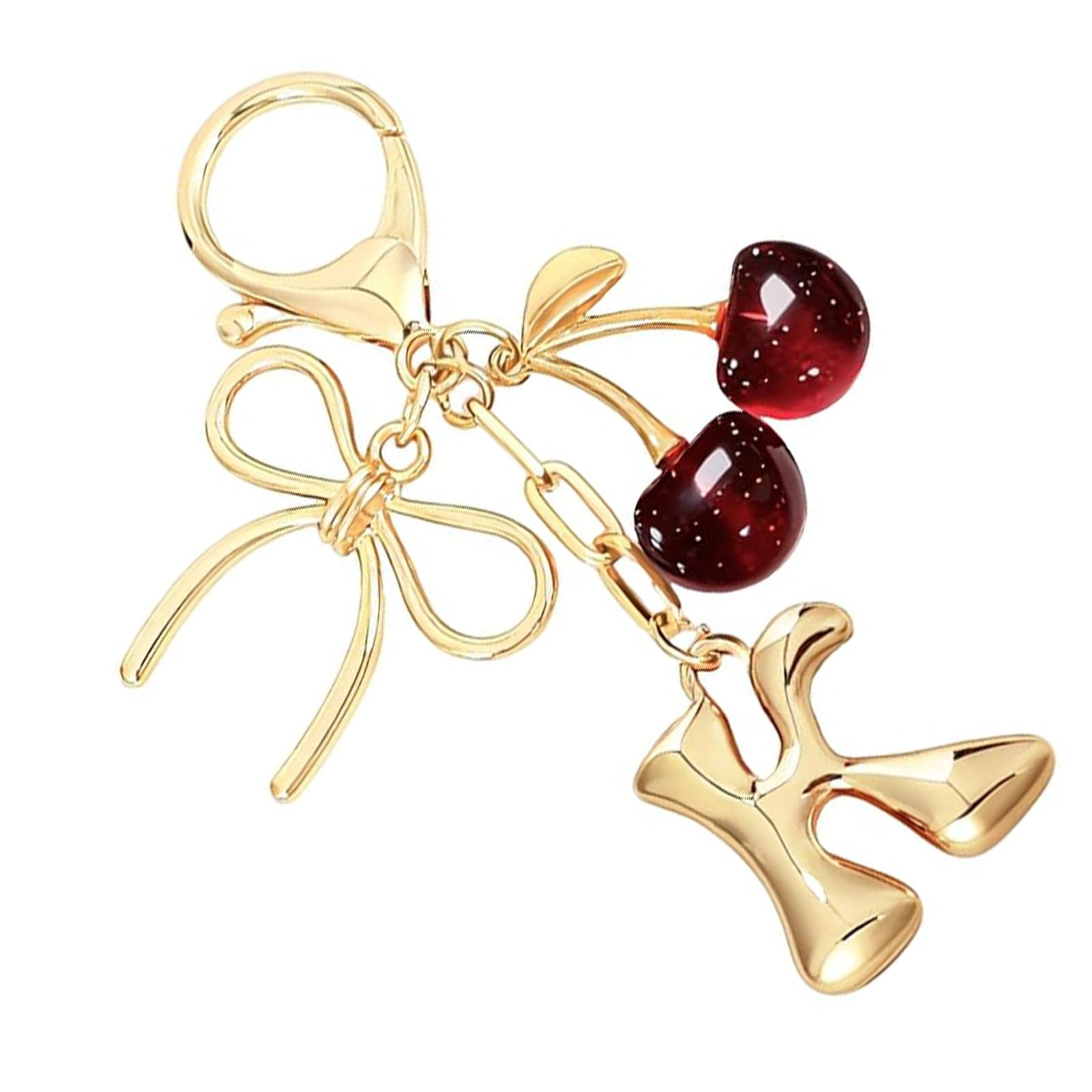 JRTEAY Cherry Keyring for Women, Gold Letter K Initial Keychain with Red Cherries and Bow Charm, Cute Bag Purse Backpack Accessories, Personalized Gift for Her