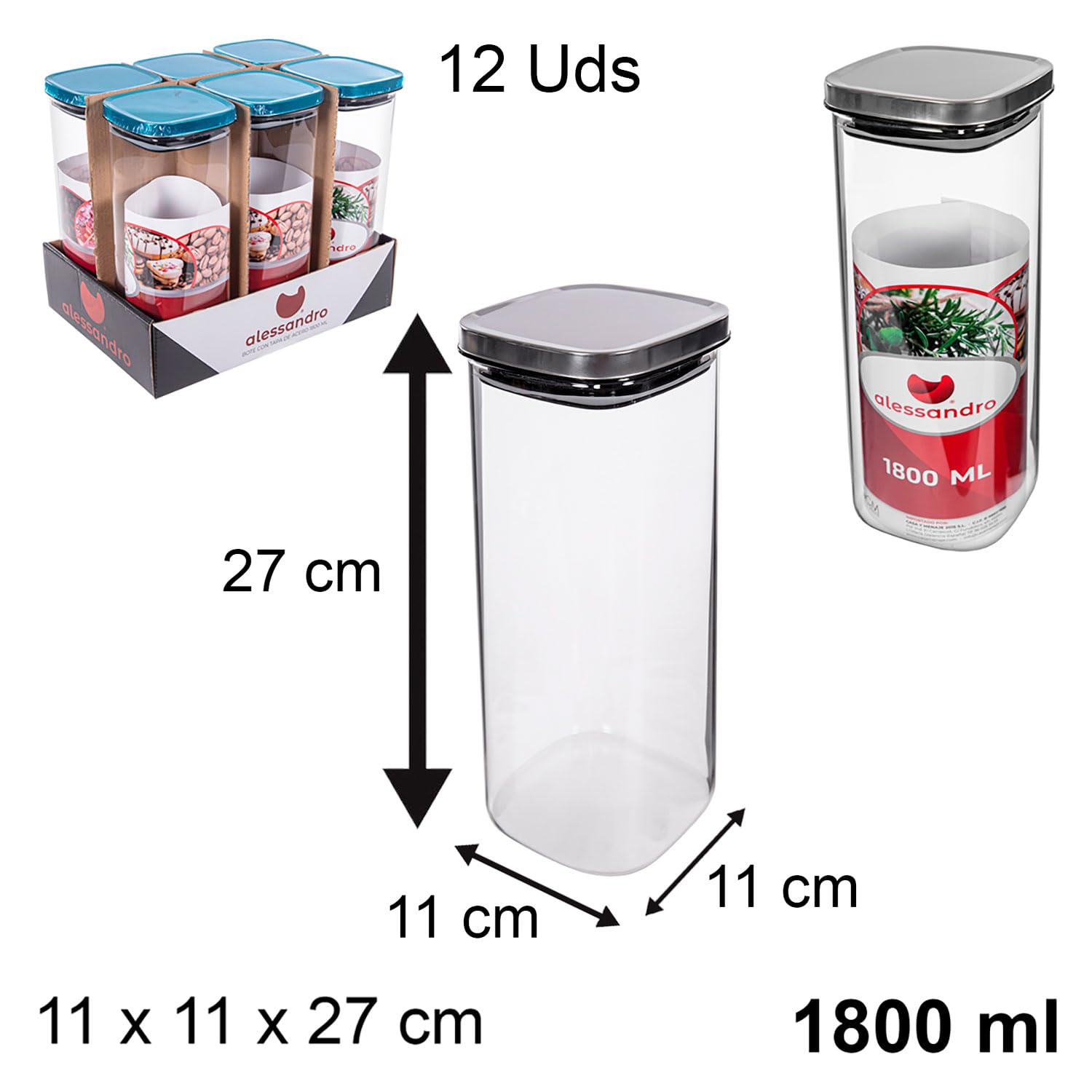 TWO TIGERS Pack 12 Botes Cocina de Borosilicato con Tapa de Acero. Botes de Cocina para Almacenar Pasta, Legumbres, Verduras. Tarros para Bar, Restaurantes, Cafeterías, Hostelería (1800ml)