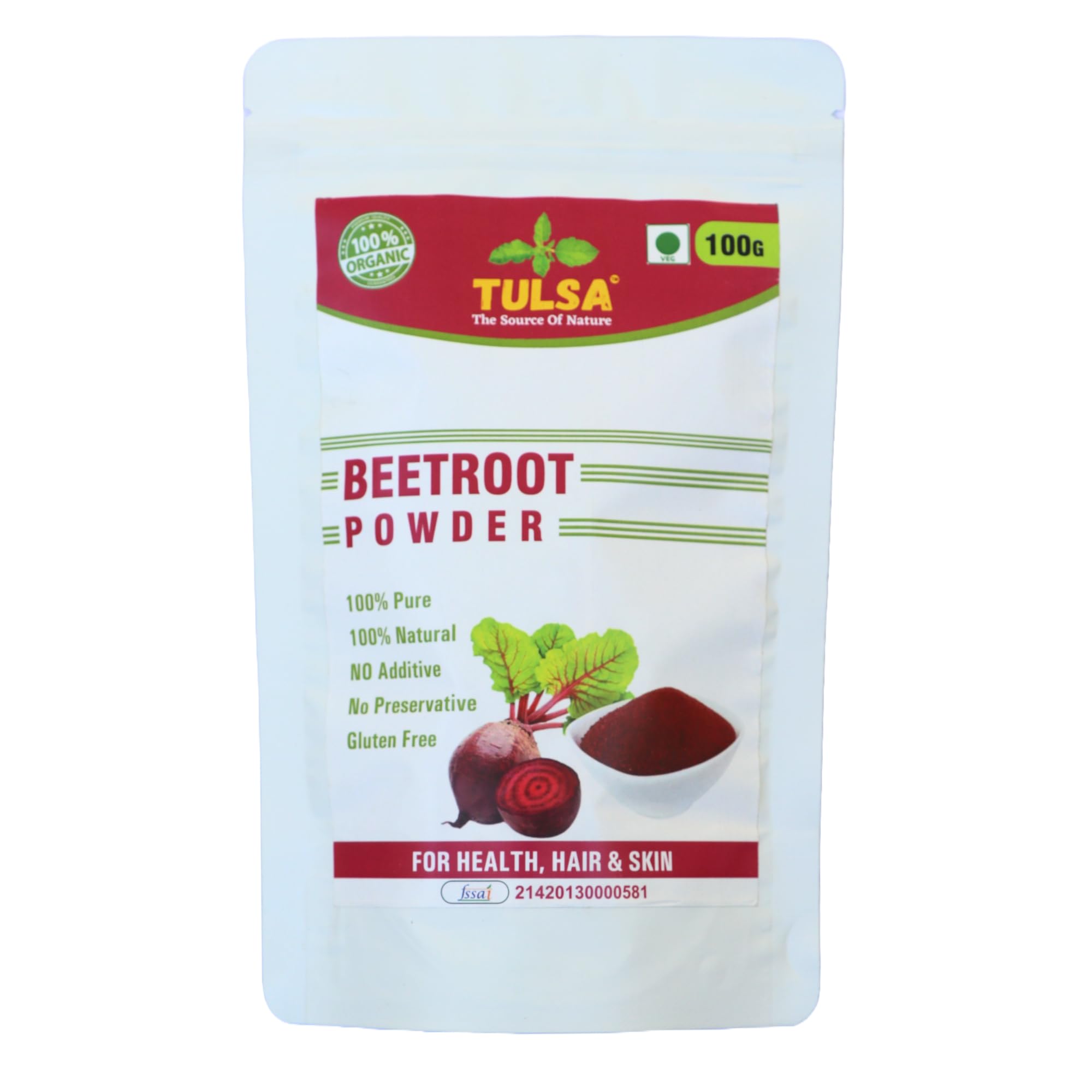 TULSA Natural Beetroot Powder (200g) for face | lips | hair | drinking | Eating | immunity | Pre -Workout | Improves |Eco-Friendly Zipper Pouch (Natural Red, 100 GM)