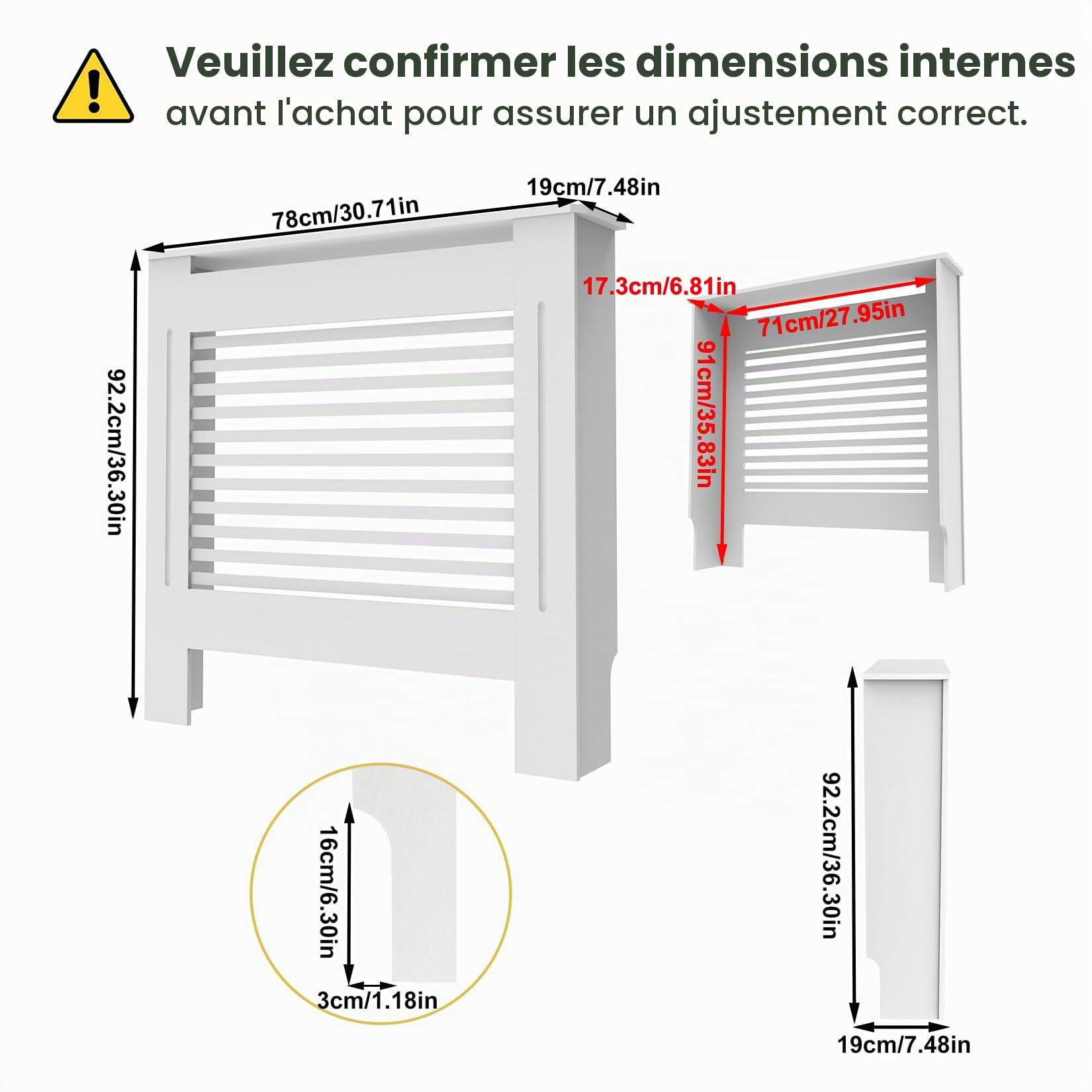 FATIVO Cache-radiateur haut en bois : extérieur 92 cm de hauteur blanc petit chauffage couvre 90 cm lattes horizontales moderne haute étagère de radiateur en bois MDF épais pour cuisine, chambre à