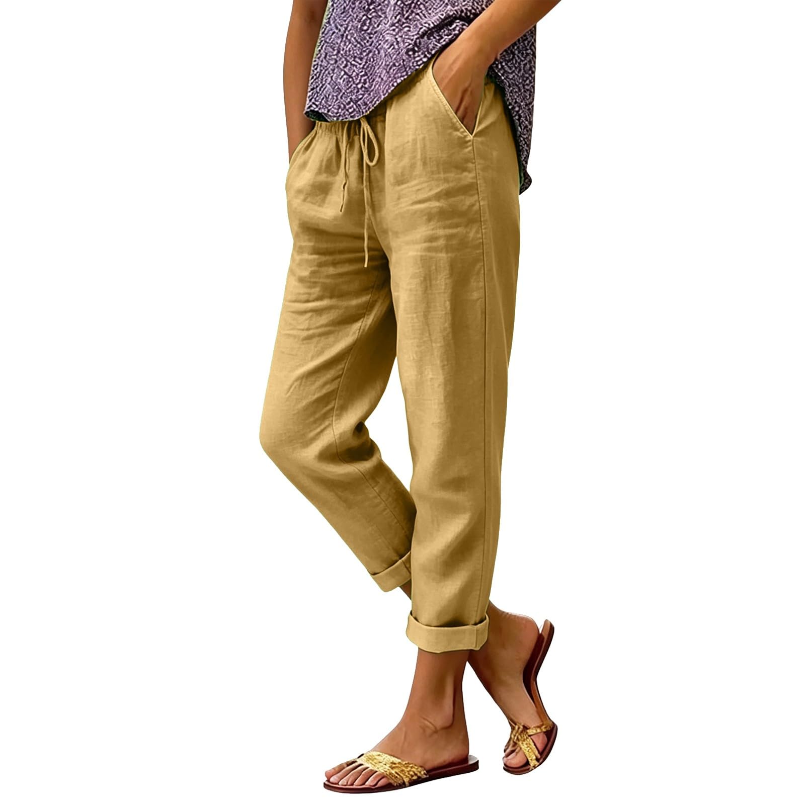 Sommer Leinenhose Damen Hohe Taille Kniehoch Musselin Hose Locker Stoffhose Leinenmisch Zugbund GesäßTaschen Einfarbige Freizeithose Für Camping EinkäUfe Und TäGliche Unternehmungen