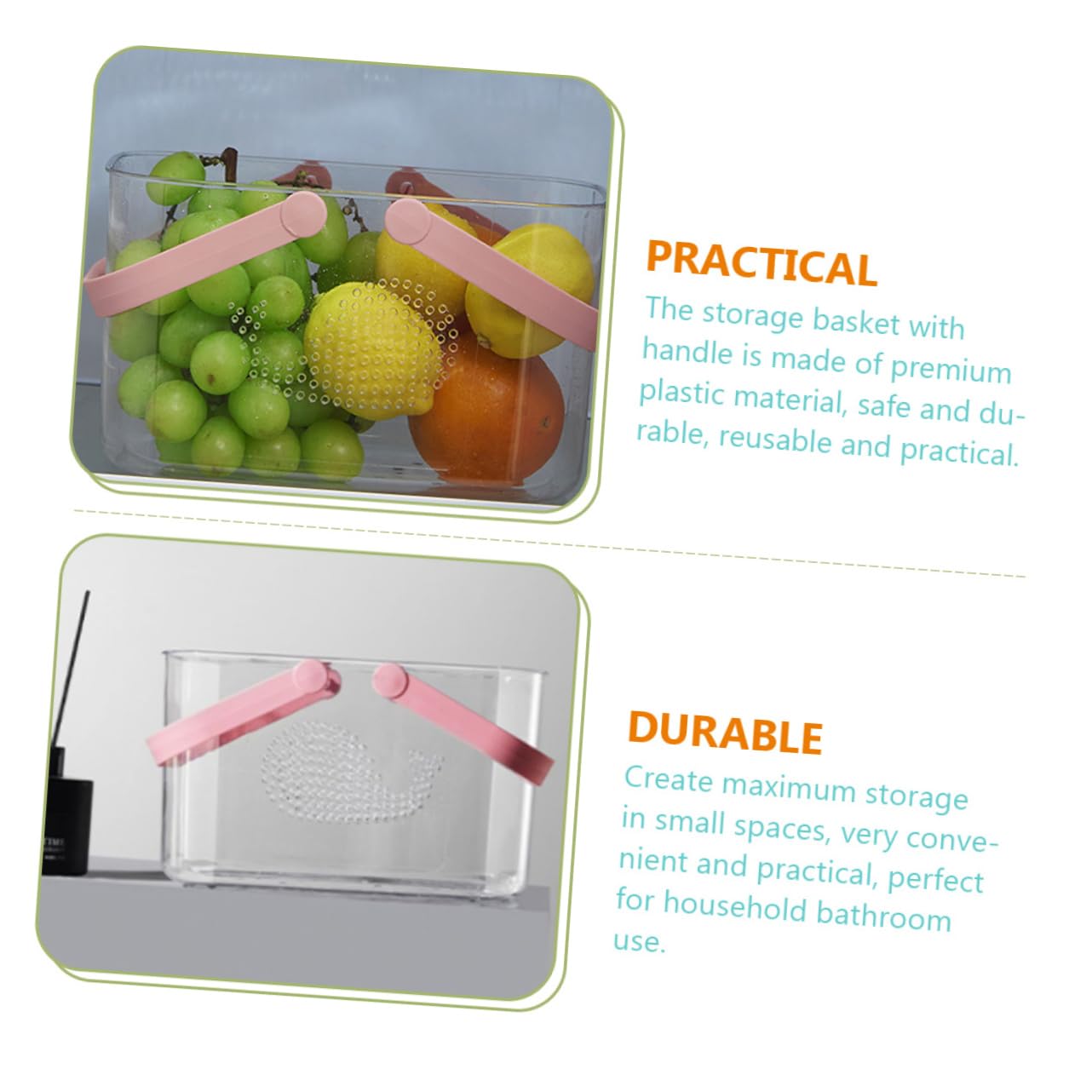 WOONEKY Cesta de Ducha de Plástico con Asa, Organizador para Baño | Rosa, Portátil y Reutilizable, Gran Capacidad de Almacenamiento, para Dormitorio y Salón