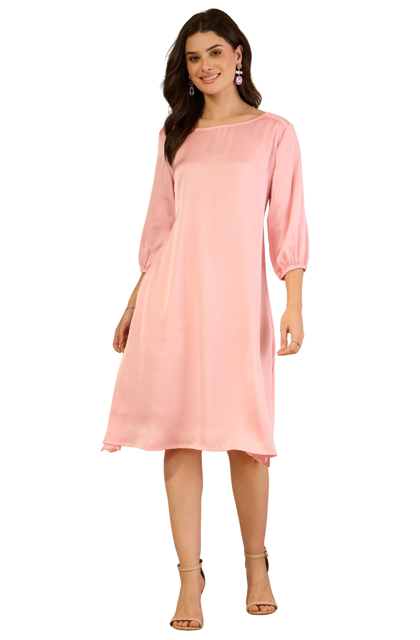janasya Women's Light Pink Satin Solid A-Line Dress-picture-18