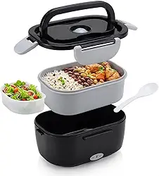 Marmita Elétrica Portátil Bivolt PREMIUM 110V/220V e 12V Carro - Aquecedor de Alimentos 1.5L com Divisória, Pote Extra e Colher - Preto