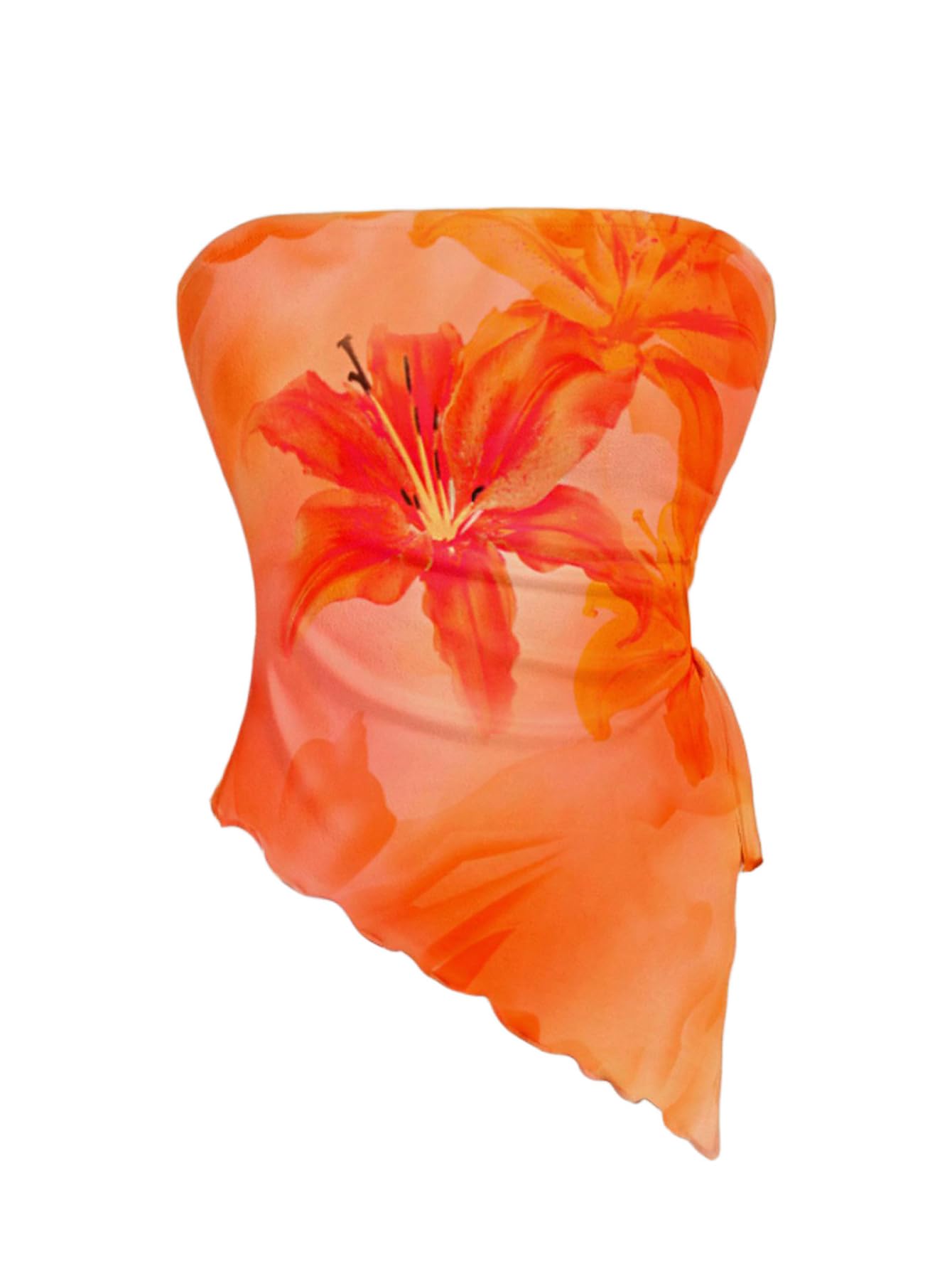 WDIRARA Women's Floral Strapless Side Ruched Asymmetrical Hem Tube Top