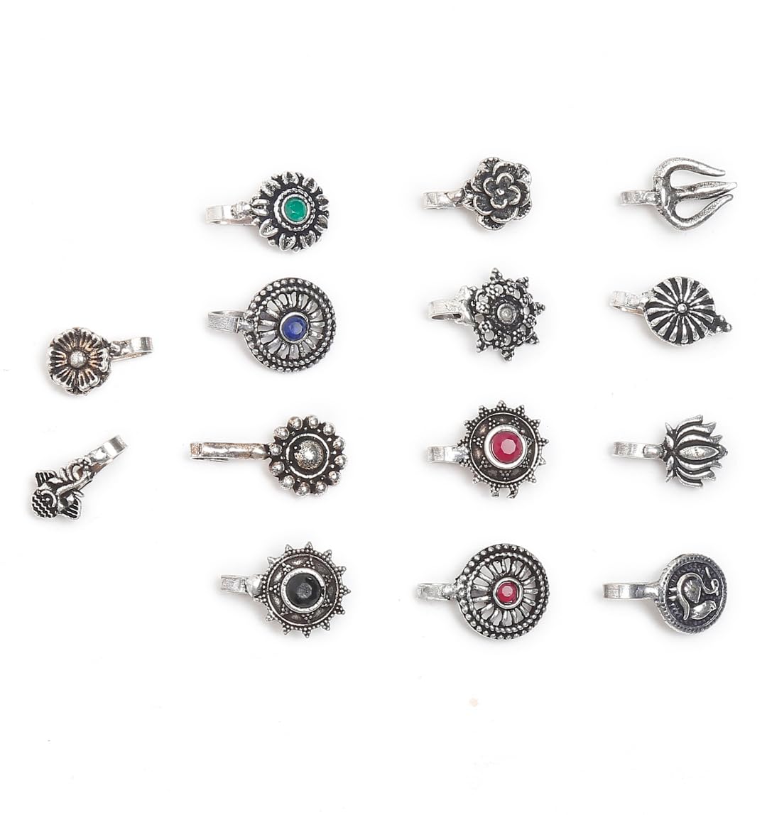 Fashion Jewellery Oxidised Silver Nose Pin Set Of 12 For Girls And Women (YB_Nosepin_1) (Silver)