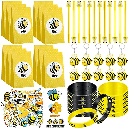 98 Pcs Bee Party Favors Bee Keychain Goodie Bags Cute Bee Pen Yellow and Black Bracelet Bee Honeycomb Sticker for Kids Bee Day Theme Birthday Party Holiday Decorations Supplies
