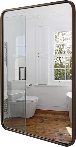 Miniatura 10 de ANDY STAR Espejo dorado cepillado de 40 x 30 pulgadas, espejo de baño dorado de latón redondeado, espejo de tocador de baño dorado en marco de metal