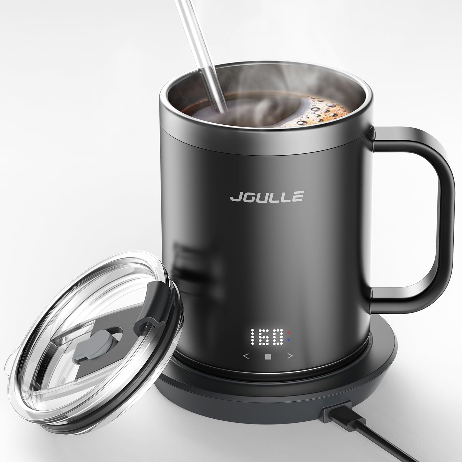 Temperature Control & Self-Heating Smart Mug, Touch & App Control, 14oz Coffee Warmer with lid, 120 Minute Battery Life, with Glass Straw and LED Display