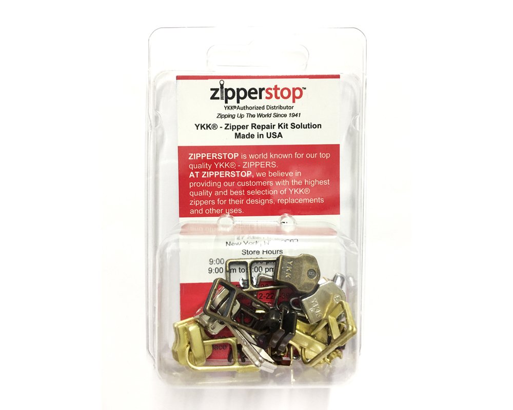ZipperStop Wholesale - Zipper Repair Kit Solution YKK #5 Assorted Metal Bell Pull Sliders with Top and Bottom Stoppers Made in USA (6 Pulls -2 Aluminum , 2 Antique and 2 Brass Sliders)
