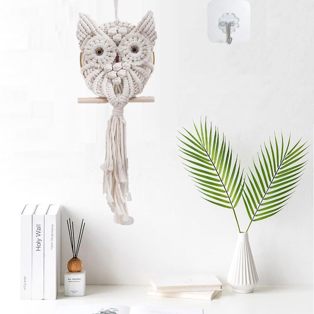 Yulakes Arazzo da parete con gufo macramè, in cotone, fatto a mano, decorazione da parete in tessuto, decorazione da parete in tessuto bohémien, decorazione per la casa boho (beige