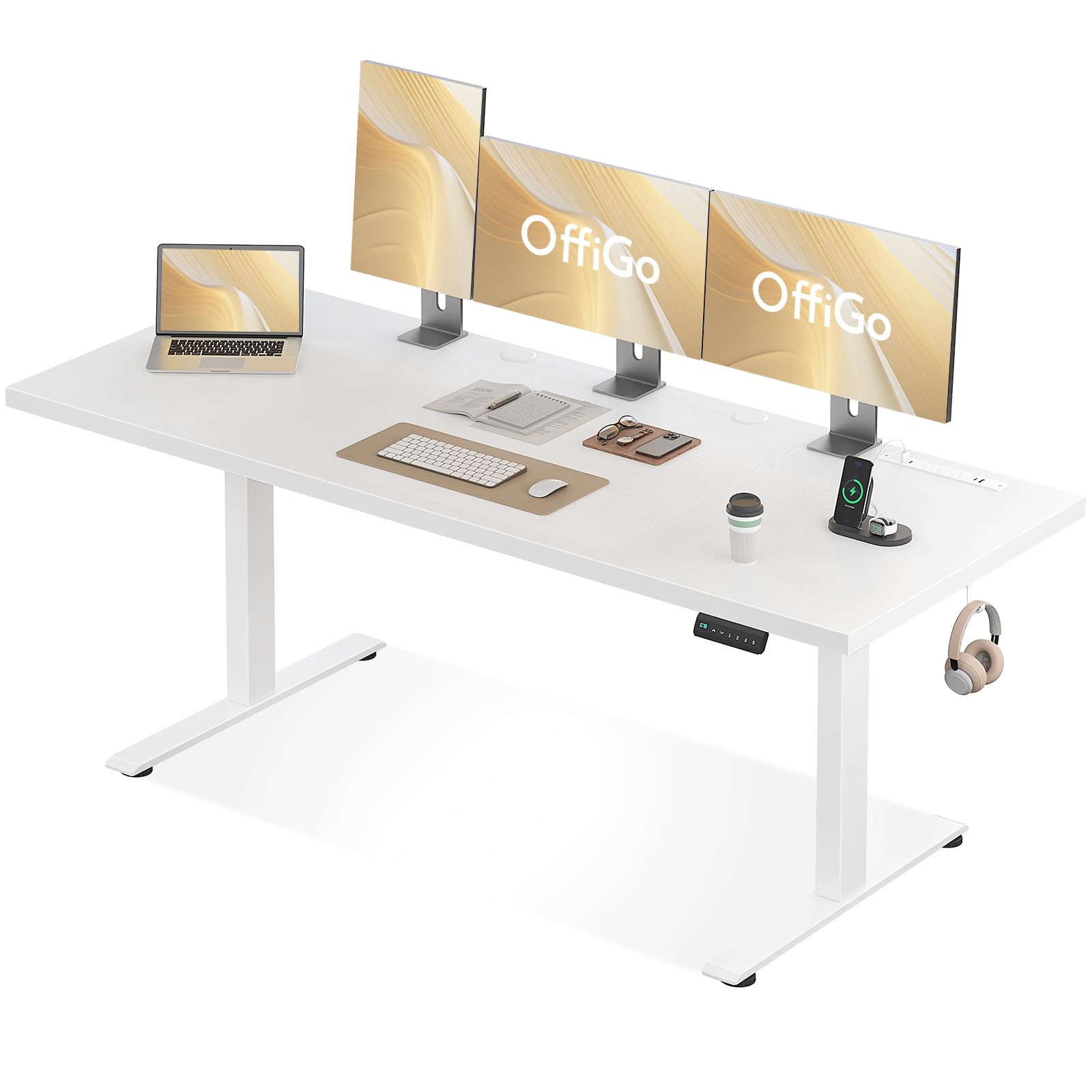 Electric Standing Desk with 3-Piece Board, 79 Inch Height Adjustable Large Desk with Power Outlets, Sit Stand Table, Writing Computer Workstation for Home, Office, White