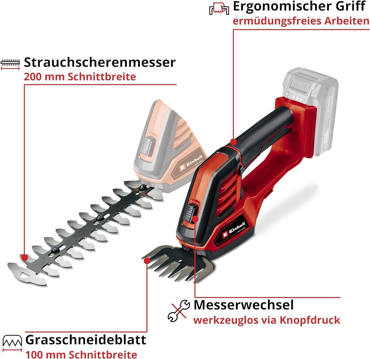 Einhell GE-CG 18/100 Li-Solo Akku-Gras- und Strauchschere 18V 100mm 200mm Power X-Change