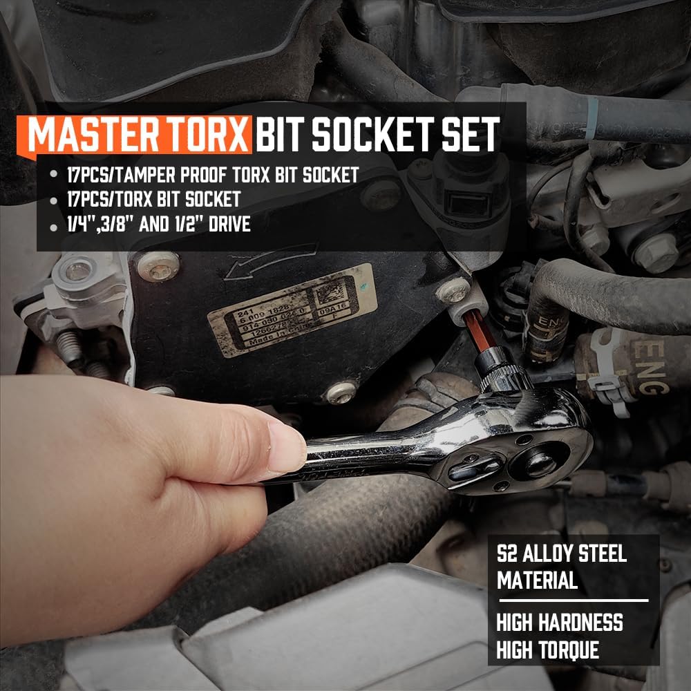 HORUSDY 34-Piece Master Torx Bit Socket Set, Premium S2 Alloy Steel, Solid & Tamper Proof Star Sockets T6-T70 (Tamper Proof from T10 to T70), Complete Kit with Heavy-Duty Storage Case