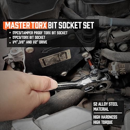 Miniatura 7 de HORUSDY Juego de llaves de vaso Torx de 34 piezas | Acero de aleación S2 de primera calidad | Estrella sólida T6 ~ T70 y a prueba de manipulaciones