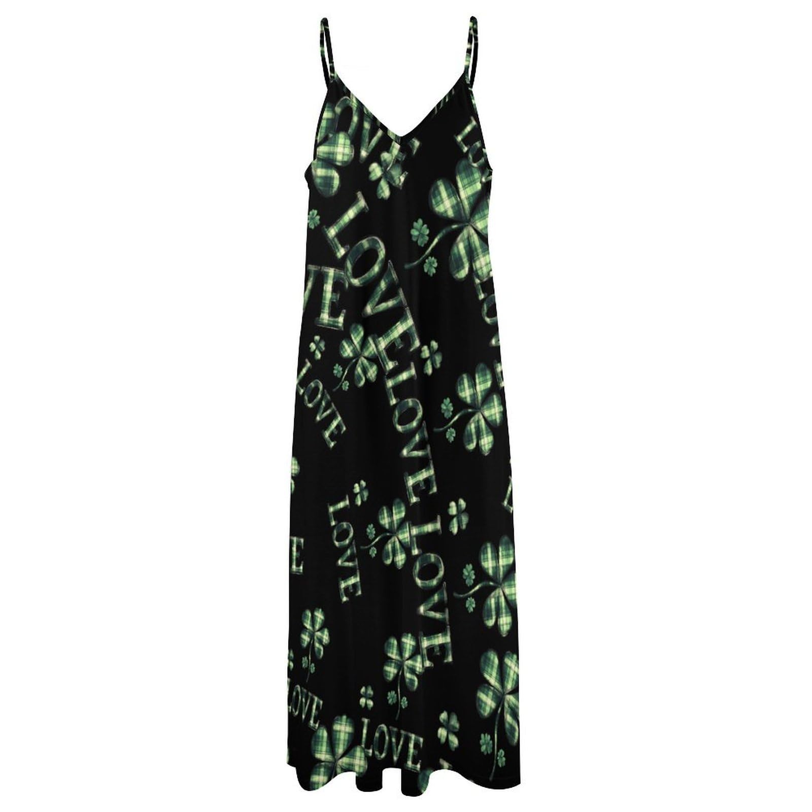 Vestido casual de San Patricio a cuadros verdes para mujer, vestido largo de espagueti ajustable, largo hasta el tobillo con volantes, vestido de verano fluido