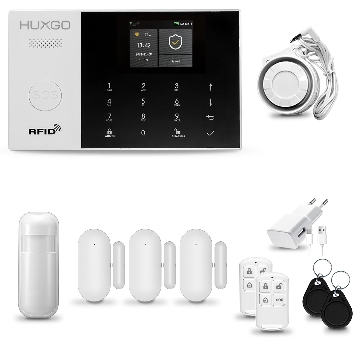 HUXGO® HXA005 Alarmas para casa hogar WiFi + gsm con Sirena | Kit Alarma inalámbrico con 1x Sensor de Movimiento, 3X alarmas de Puerta/Ventana | Alarma Tuya Smart Life