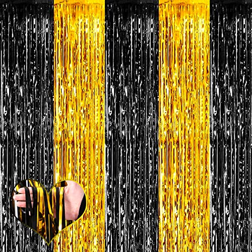 Image of 4 Pack 3.2Ft x 6.6Ft Black and Gold Fringe Curtain Backdrop, Metallic Tinsel Foil Fringe Streamers Curtains Background for Photo Booth Birthday Wedding Graduation Carnival Party Decorations