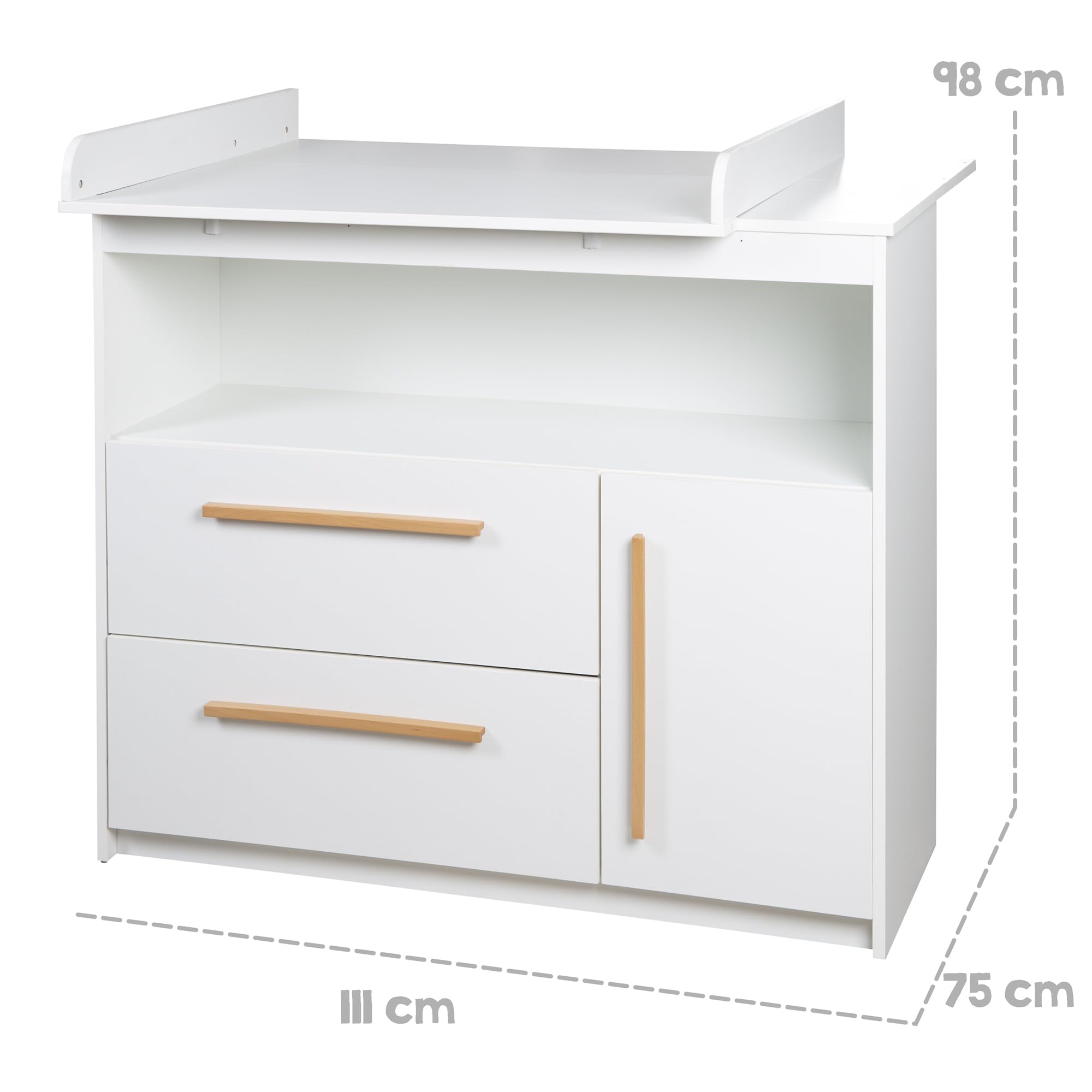 roba Kinderzimmer Set Lilo - Mitwachsendes Gitterbett 70 x 140 cm + Wickelkommode mit 2 Schubladen & 1 Tür + Kinderkleiderschrank 2-türig - Griffe aus Buche - Holz weiß lackiert