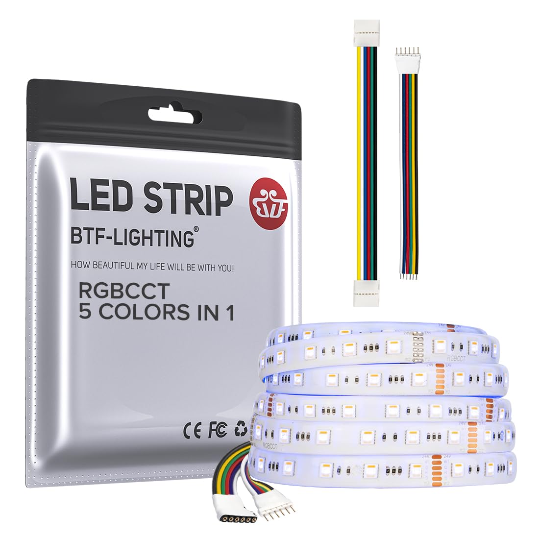 BTF-LIGHTING RGBCCT 5 Colors in 1 LED 5050SMD RGBWW RGB+Dimmable Tunable Color Temperature 2700K-6500K 16.4ft 60LEDs/m 300LEDs DC24V Multi-Colored Tape Lights IP65 White PCB(No Adapter or Controller)