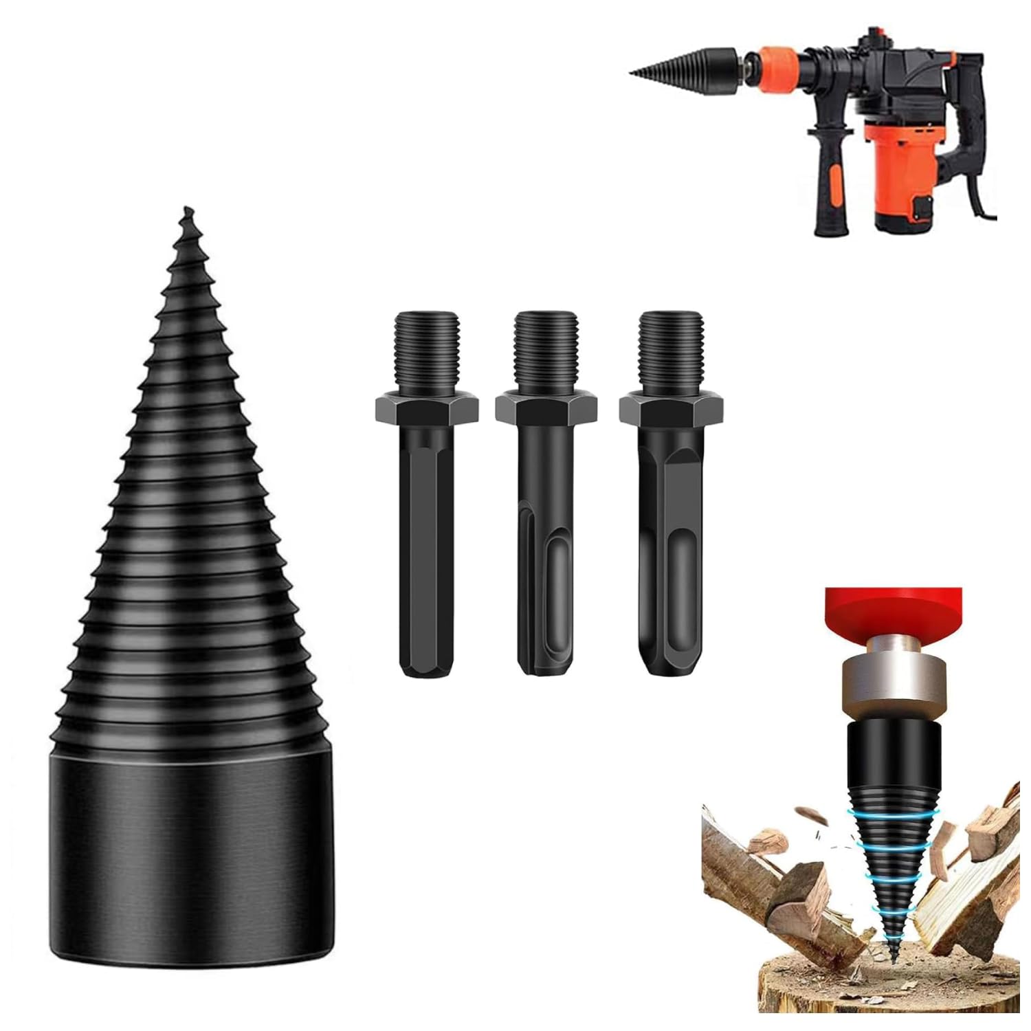 Log Wood Splitter Cone Screw Splitting Hammer Drill Cone, Wood Splitting Drill Bit Heavy Duty Electric Drills Screw Cone Driver Hex + Square + Round 42mm/1.65inch (42mm)