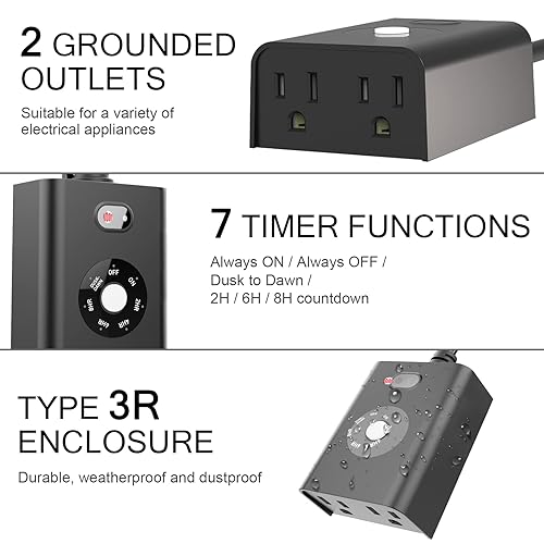 Miniatura 24 de Temporizador para exteriores con sensor para luces del atardecer al amanecer, enchufe impermeable con 2 tomas de tierra para decoración navideña