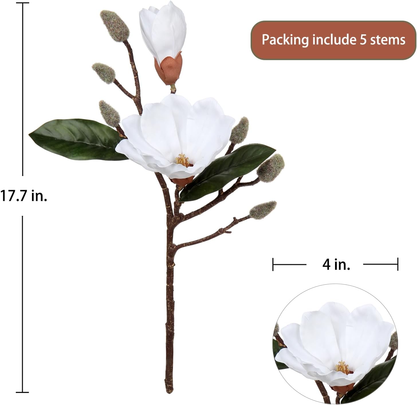 DILATATA Magnolia Artificial Flowers Stems 17.7" Real Touch Branch for Office Vase Table Centerpiece - Home Decor Fake Flowers Beige White - 5pcs