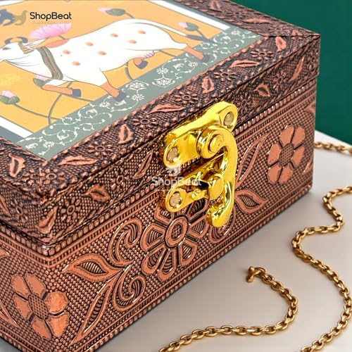 Image of Wooden Jewellery Box for Women - Royal Teal | Handcrafted Pichwai Design with Lock | 4x4 Inch Organizer for Earrings Rings | Return Gift for Wedding Diwali Pooja
