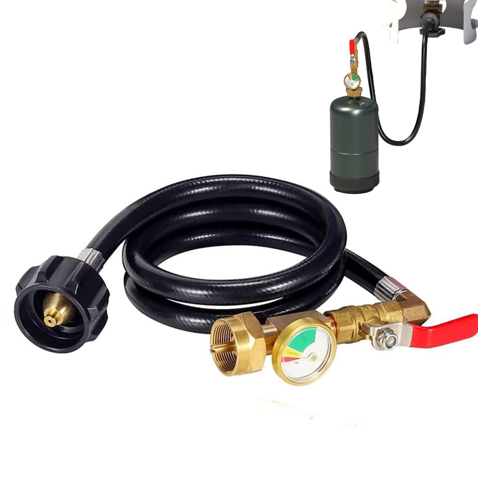 Propan-Fülladapter, 0,5 kg, Propan-Adapter, 9 kg auf 0,5 kg, Umwandler, 90 cm, Schlauch-Nachfüllung mit Manometer und Ventil, robustes Messing, QCC1/Typ 1 Anschluss