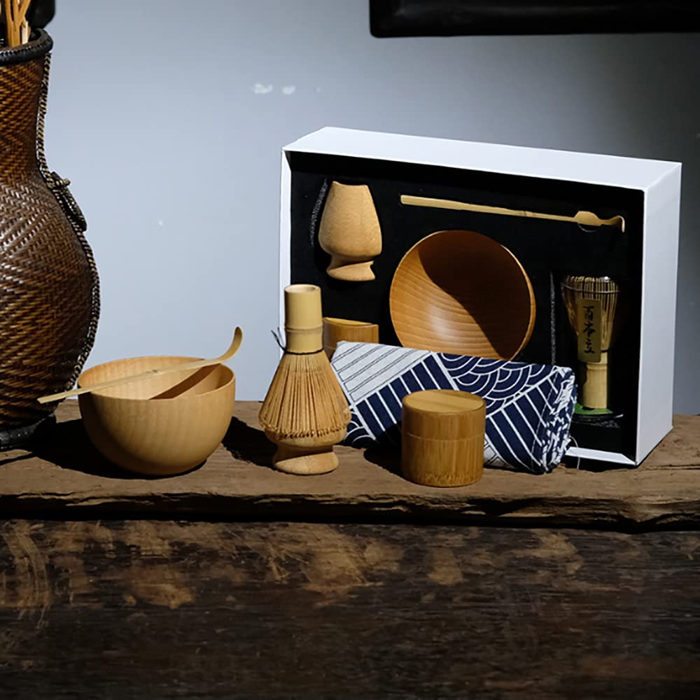 Juego de té matcha japonés de 5 piezas, batidor/cuenco/soporte/cuchara de bambú/latas de matcha de bambú para ceremonia tradicional de té japonesa