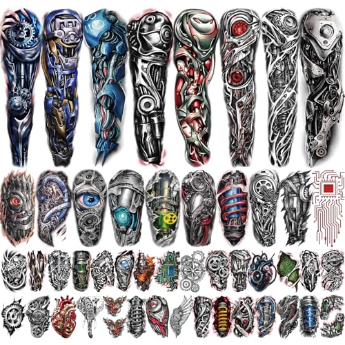 Yazhiji 48 Waterproof Temporary Tattoos For Adult, Mechanical Temporary Tattoos for Men Women, Half Arm Robot Fake Tattoos Sleeve, Realistic Mechanical Half Arm Tiny Tattoo Sticker