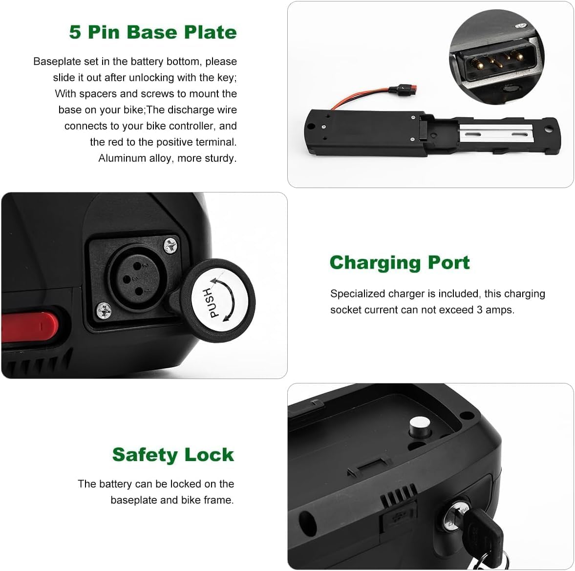 Batteria Ebike, 36V 48V 25Ah 25Ah 13Ah Batteria Litio Hailong Bici Elettrica con Caricabatterie/Piastra Base 4Pin o 5Pin / Cella Grado A (36V 25Ah 5-Pin,+USB)