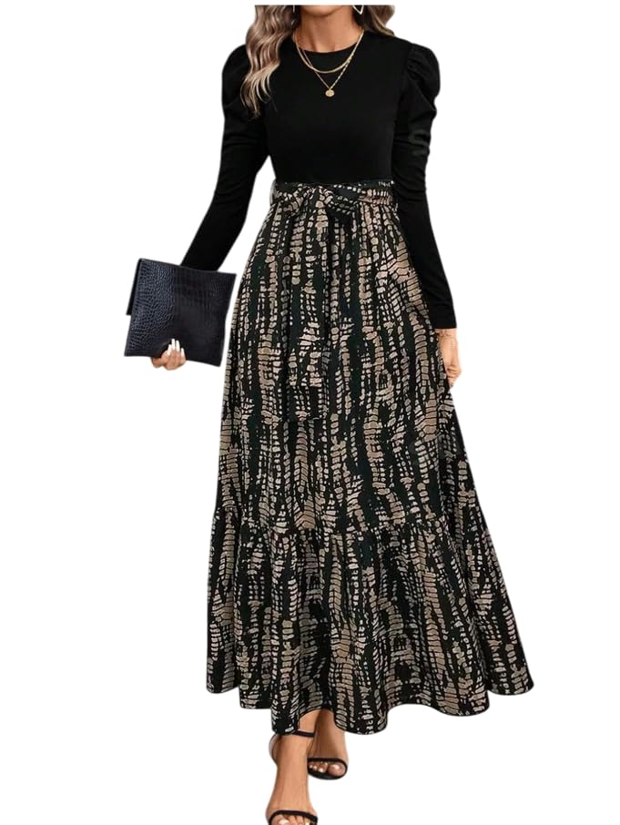 Clasi Women's Autumn Dress with Bow Tie Belt, Leaf & Floral Patchwork A-Line Dress Maxi Women Outfit Black-image-28