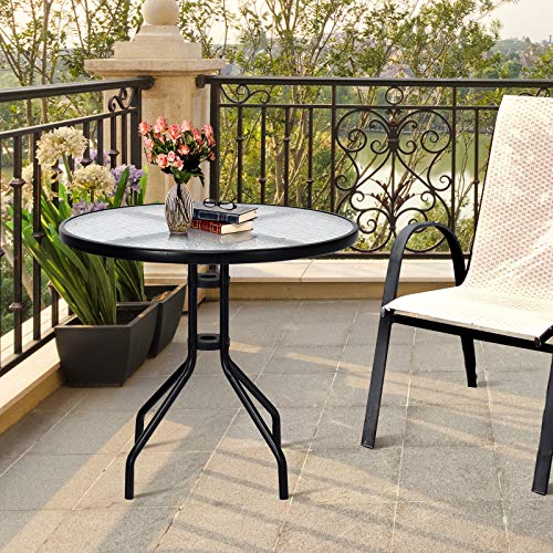 Goplus-32-Outdoor-Round-Patio-Table-with-Umbrella-Hole-All-Weather-Dining-Table-Tempered-Glass-Top-Bistro-Table-Coffee-Table-Furniture-Commercial-Party-Event-for-Backyard-Lawn-Balcony-Pool Goplus 32 Outdoor Round Patio Table with Umbrella Hole All Weather Dining Table Tempered Glass Top Bistro Table Coffee Table Furniture Commercial Party Event for Backyard Lawn Balcony Pool