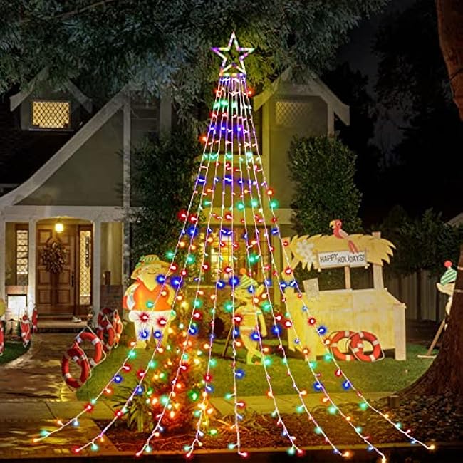 Outdoor Christmas Decorations Star String Lights, 317 LED 11.5 ft Waterfall Tree Lights with 8 Memory Lighting Modes&Timer Christmas Star Lights for Yard Indoor, Festival, Party, Decorations