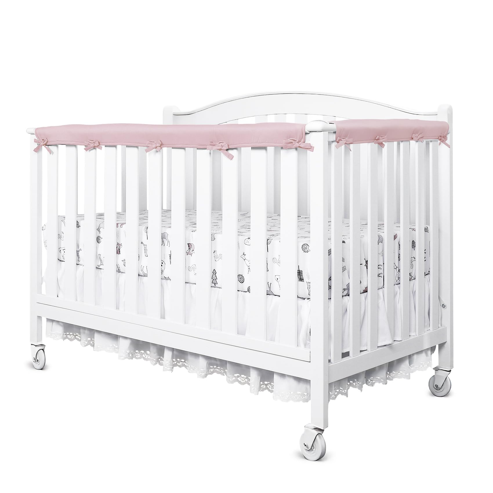 Pink/White Reversible Crib Rail Covers, Three-Layers of Thickened Material to Protect Baby's Teeth, Soft Anti-Collision Crib Teething Rail Cover, Strip Corner Baby Bed Chewing Guard Rail, 3-PCS