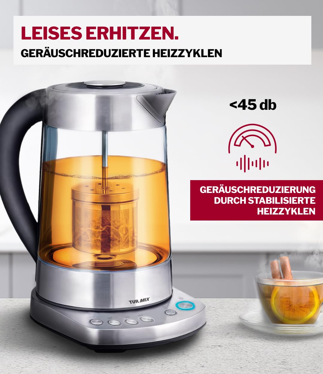 TURMIX 2in1 Teekocher elektrisch mit Wasserkocher Glas 2200W 1,5L Silber, Temperatureinstellung 70–100°C, Mit Manuell Absenkbar und Anhebbar Teesieb, 1 stunde Warmhaltefunktion