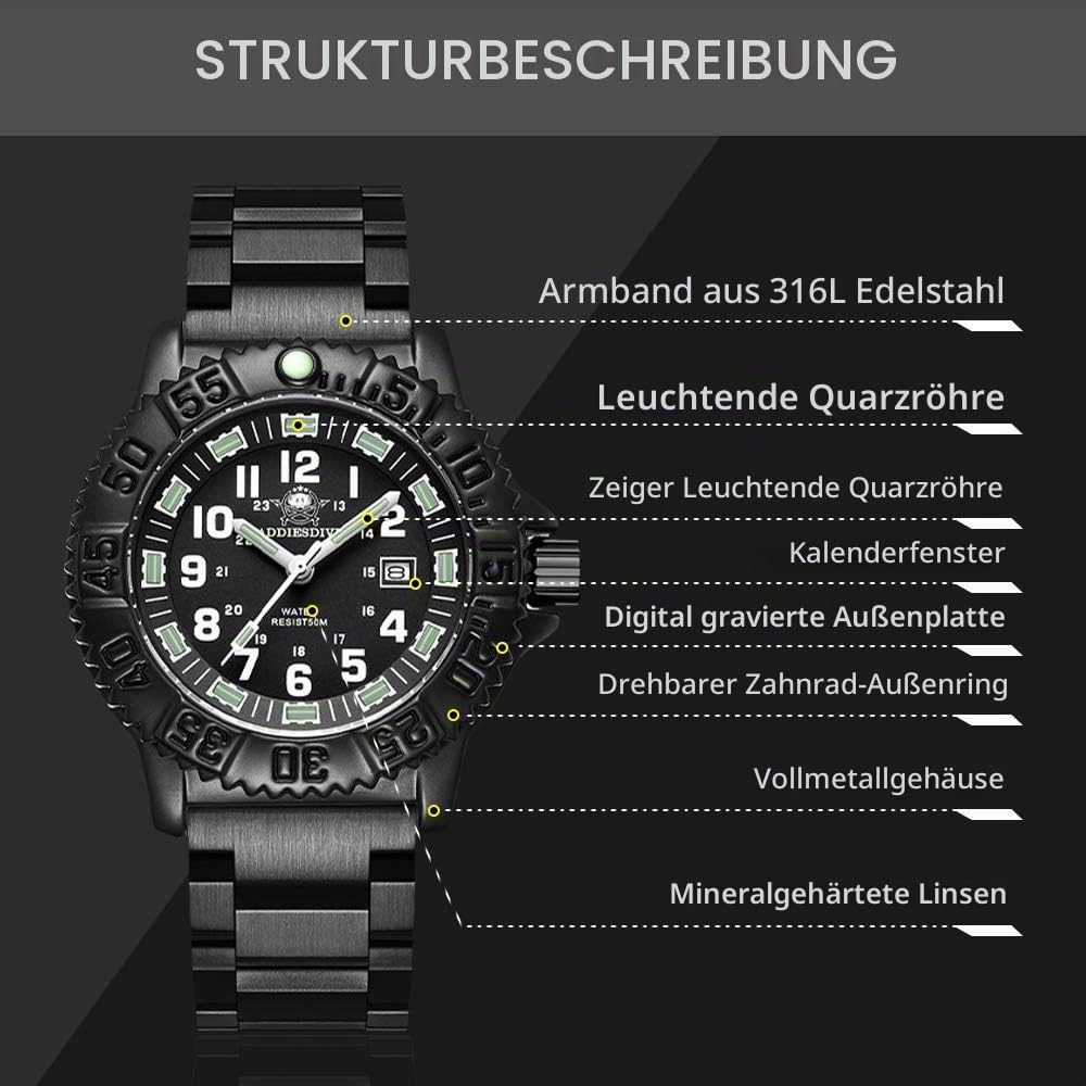 ADDIESDIVE Herren Sportuhr Quarz Analoguhr Leuchtend 50 m wasserdicht drehbare Lünette Edelstahl